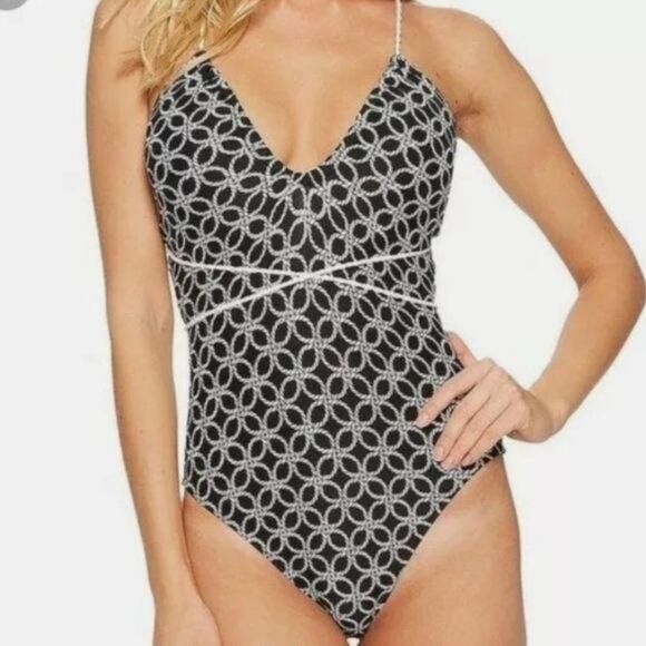 Michael Kors Rope Geo Print Plunging Neckline One-Piece Swimsuit - Picture 3 of 15